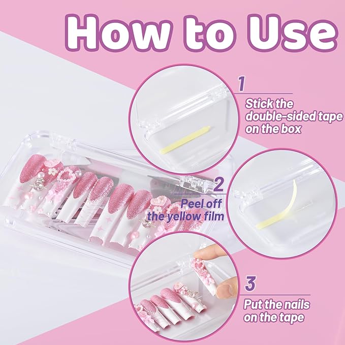 12Pcs Press On Nail Cases Large, 5.1”×2.95” False Nail Packaging Cases with 30Pcs Adhesive Double Sided Tape, Plastic Clear Box for Fake Nails Storage