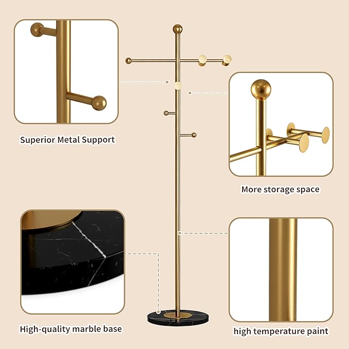 68.9 Inch Tall modern Coat Rack,Gold coat tree freestanding heavy duty,Heavy-Duty Metal Coat Rack Stand with Sturdy Marble Base for Entryway,Hallway,Bedroom,Holds Coats Hats Bags Scarves