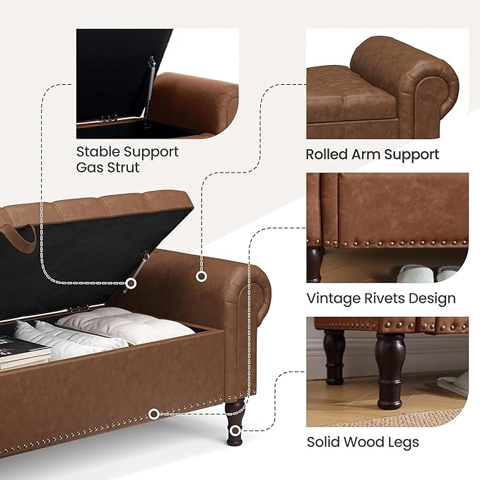 YOUDENOVA 51" Entryway Bench with Storage, PU Leather Storage Bench Chest with Tufted Button, Upholstered Storage Ottoman Bench with Rolled Arms for Bedroom, Living Room, Storage Room, Brown