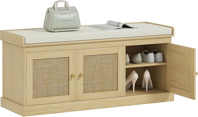 HOMCOM Shoe Bench with Woven Rattan Doors, Shoe Storage Bench with Cushion, Adjustable Shelves for 9 Pairs, Boho Style Entryway Bench for Bedroom, Living Room, 13.8 x 41.3 x 18.5 Inches, Oak Tone