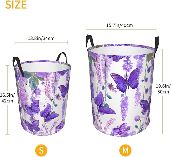 Purple Butterfly Pattern Laundry Hamper, Collapsible Organizer Basket for Bathroom,Laundry,Bedroom 19.6 x15.7 Inch