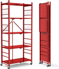 Himix Storage Shelves with 20 Hooks, 5-Tier Foldable Shelves for Storage, Folding Utility Shelf Unit Pantry Shelf with Wheels, Metal Shelving Unit Rack for Garage Christmas Room, Red - No Assembly