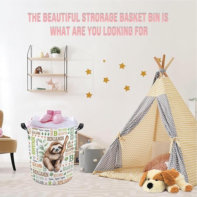 Sloth Laundry Basket,Custom Laundry Hamper with Name,Personalized Sloth Gifts for Boys Girls,Customize Collapsible Laundry Basket for Bedroom Bathroom,M-19.5"X 15.7"