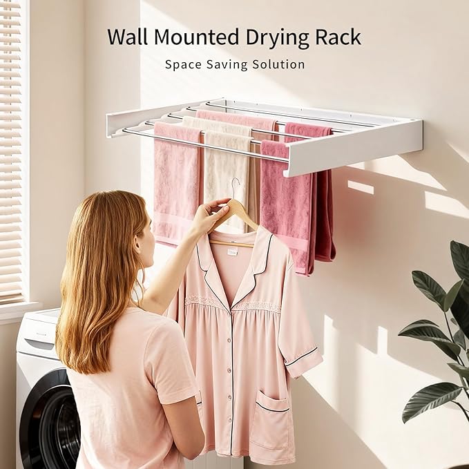 Wall Mounted Drying Rack 31.5'', Foldable Wall Clothes Drying Rack, Space Saving Laundry Drying Rack, Heavy Duty Clothes Drying Rack 5 Rods, Collapsible Clothing Rack for Bathroom Balcony