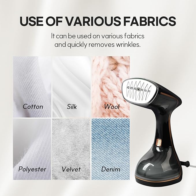 HubiCare Handheld Garment Steamer for Clothes - 1500W TurboSteam, 3 Steam Levels, 320ml Big Capacity, Strong Penetrating Steam, 20s Fast Heat-up, Steam Iron Fabric Wrinkle Remover (Black)