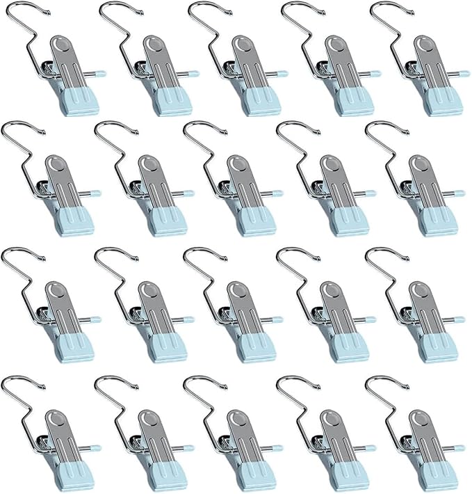 Boot Hangers for Closet, Laundry Hooks with Clips, Boot Hanging Hold Clip, Space Saving Portable Travel Clip, Clip Hangers for Pants Hats Socks Gloves (20, Light Blue)
