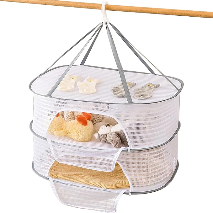 Foldable Drying Rack Basket Dryer Net Hanging Mesh Net with Zippers for Fruits,Seeds,Vegetables,Fish or Clothes,Doll (2 Layer)