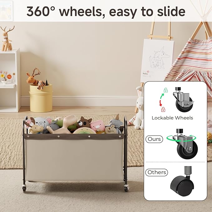 StorageWorks Toy Chest Storage with Wheels, Extra Large Kids Toy Box, Toy Storage Organizer, Metal Toybox for Bedroom, Living Room Area, Kids Room, 135L, Light Khaki