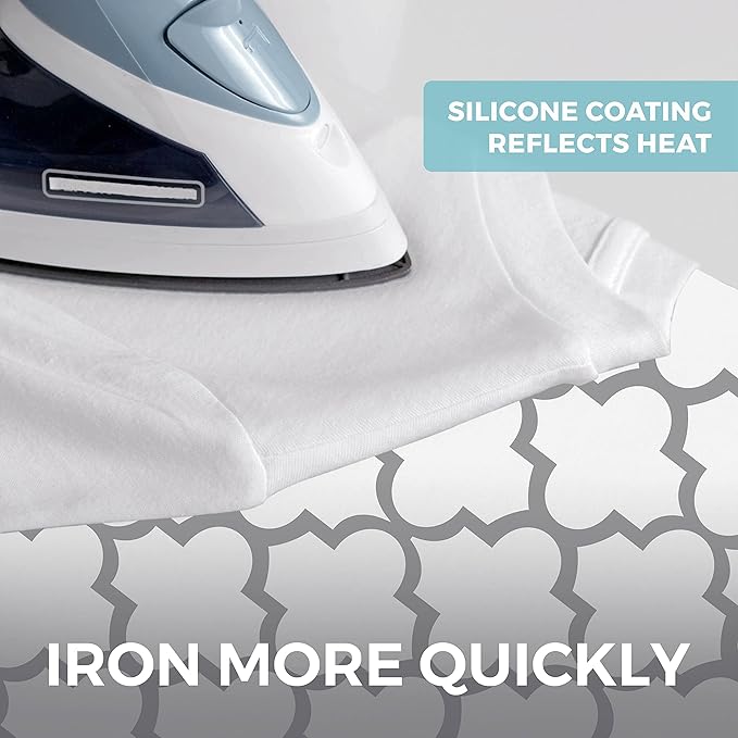 HOME GENIE Ironing Board Cover, Extra Thick Padding, Scorch Resistant Silicone Coating, 15x54 Elastic Edge Heavy Duty Iron Pad Covers Standard Boards, Hook and Loop Fastener Strap, Quatrefoil Gray