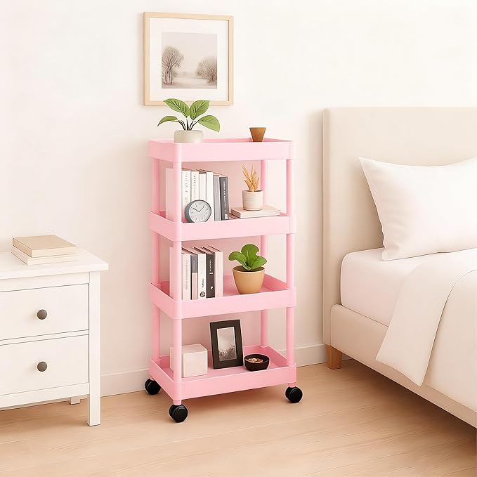 ShellKingdom 4 Tier Bathroom Storage Organizer, Slim Rolling Storage Cart for Narrow Space, Mobile Shelving Unit with Lockable Wheels and Hooks for Bathroom, Kitchen, Laundry Movable Shelf (Pink)