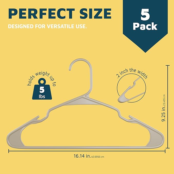 Lifemaster Plastic Clothes Hangers – Heavy Duty Hanger Set, for Organizing Clothes, Dresses, and Coat, Holds Up to 5 lbs, Space-Saving Hangers with Non-Slip Shoulder Grooves, Pack of 5, Ivory