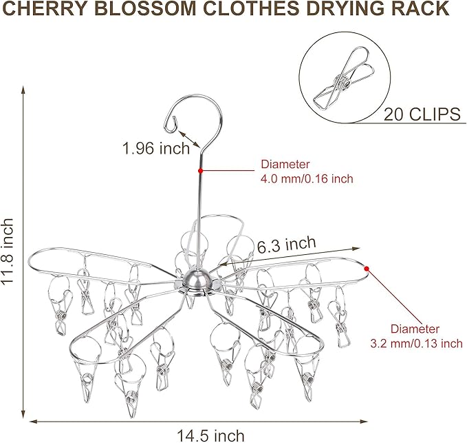 Foldable Clothes Drying Hanger Stainless Steel Laundry Drying Rack with 20 Clips, Sock Dryer Hanger for Hanging Underwear, Towels, Baby Clothes, Lingerie, Bra, Hat, Scarf, Gloves, Diapers