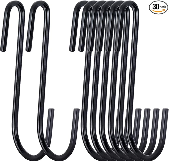 30 Pack Heavy Duty S Hooks 4 inch Black S Shaped Hooks Hanging Hangers Pan Pot Holder Rack Hooks for Kitchenware Spoons Pans Pots Utensils Clothes Bags Towels Plants