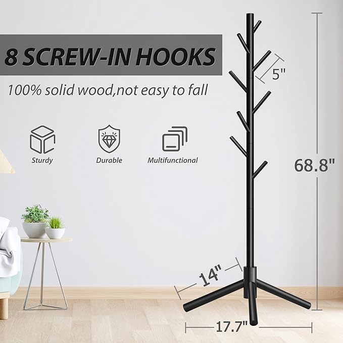 Durable Wooden Coat Rack, Freestanding Coat Rack with Stable Triangular Base, 8 Hooks & 3 Adjustable Heights, Simple Assembly for Bedroom, Hallway, Office(New Black)