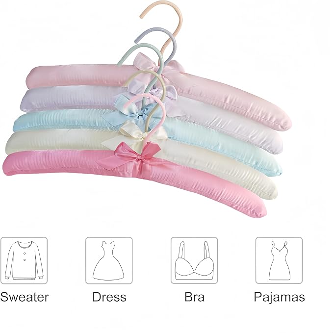5 Pack Satin Padded Hangers for Women Clothing, Anti Slip Sponge Fabric Clothing Hangers Coat Racks for Sweater, Suit, Dress (5-Color)