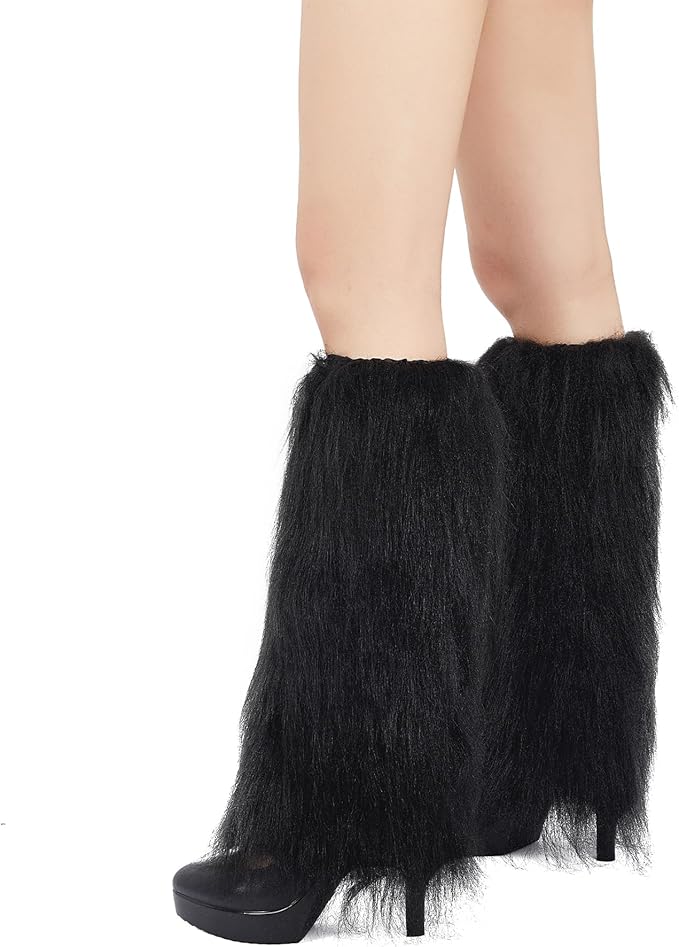 Zando Furry Faux Fur Leg Warmers for Women - Soft Fluffy Legwarmer Winter Boot Cuffs Covers for Daily Halloween Santa Costume