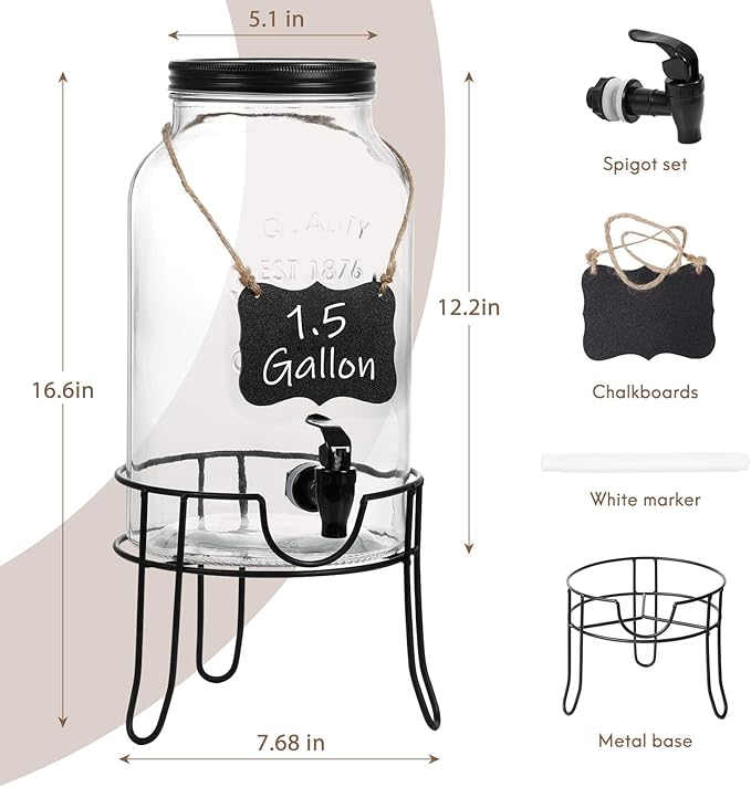 1.5 Gallon Glass Drink Dispensers for Parties, Ice Beverage Dispensers with Stand, Glass Water Dispenser with Spigot, Laundry Detergent Dispenser, Lemonade Dispenser