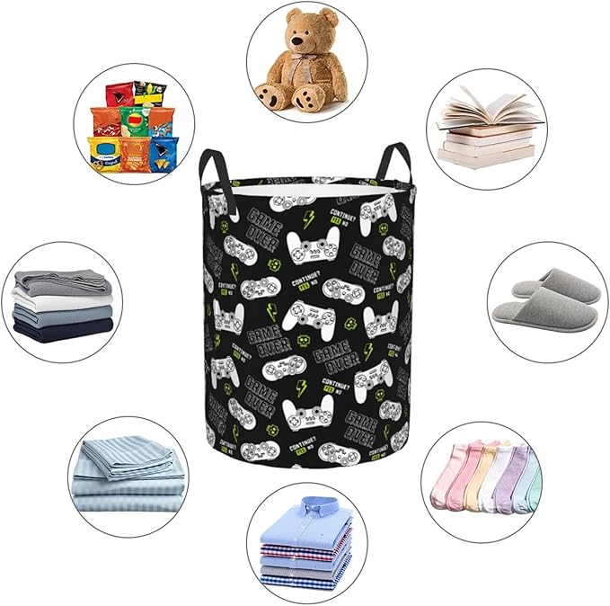Game Controllers Pattern Round Laundry Hamper Gaming Joysticks Gamepad Storage Basket Toys Clothes Organizer Bin For Home Bathroom Bedroom Dorm Nursery, 62l