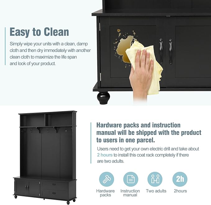 80.3” Tall Hall Tree with Cabinet and 2 Large Drawers, Modern Wooden Coat Hanger with 5 Coat Hooks and 2 Open Shelfs, Storage Bench, Entryway Bench (Black-Storage Cabinet)
