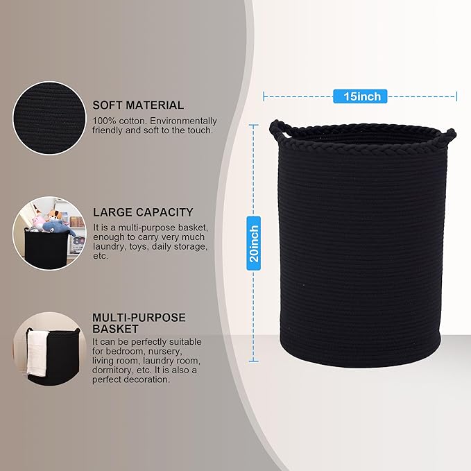 58L Woven Laundry Basket,Cotton Tall Laundry Hamper for Blankets,Clothes,Pillows,Toys,Shoes Large Laundry Bin Black