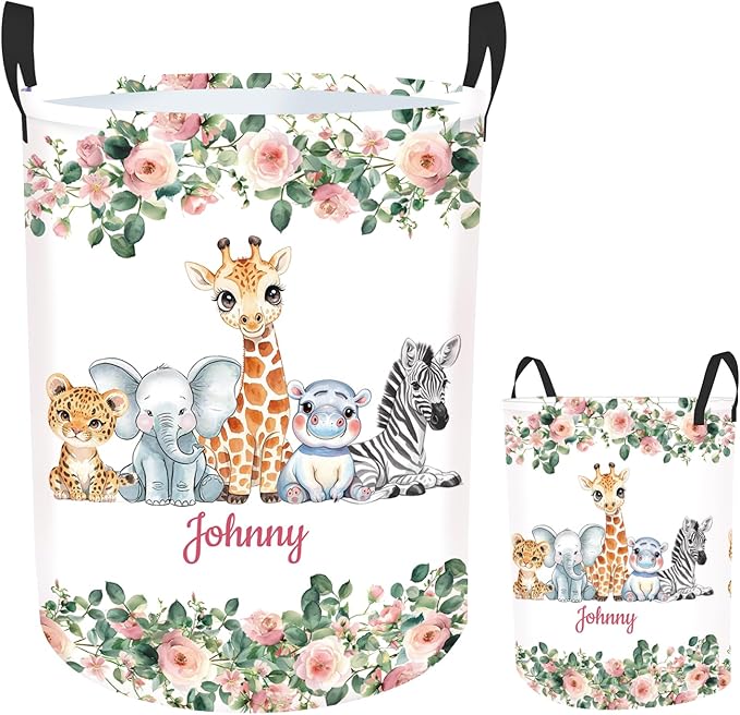 Custom Woodland Animals Laundry Basket for Kids, Personalized Name Baby Dirty Clothes Basket with Name and Handles, Customize Laundry Hamper, Personalized Laundry Basket for Nursery Girl