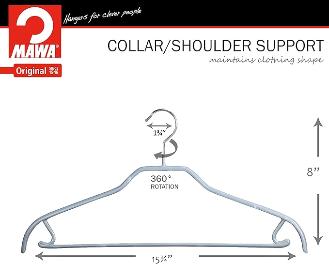 Mawa by Reston Lloyd Silhouette Series Non-Slip Space Saving Clothes Hanger with Bar & Hook for Pants and Skirts, Style 41/FRS, Set of 12, Silver