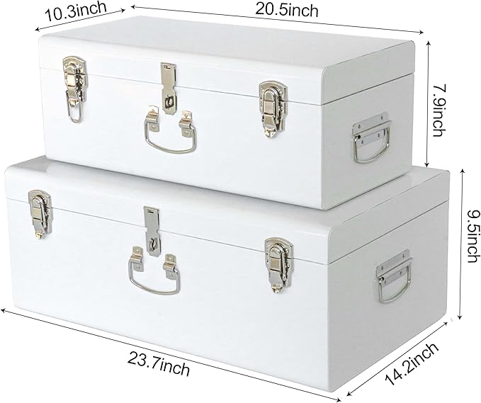 Vixdonos Decorative Large Metal Box Storage Trunk Chest Set of 2 College Dorm Organizer with Hardware Hasps and Handle for Home Deocr,23.7X14.2X9.5 Inches