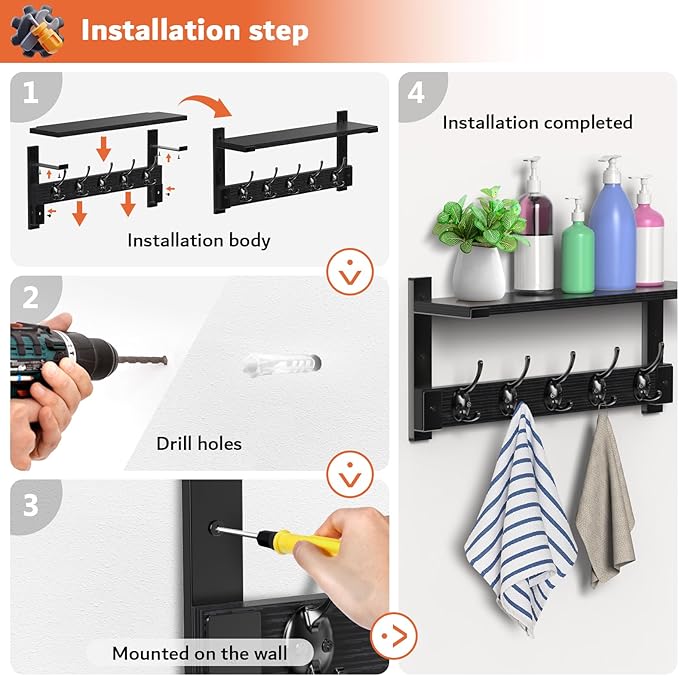 Wall Hooks with Shelf, Coat Rack Wall Mount, Entryway Hanging Shelf for Clothes Backpack Key Purse, Shelf with Hooks Hanging in Living Room, Bathroom, Bedroom, Kitchen