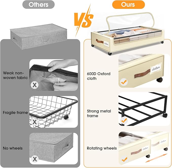 Under Bed Storage with Wheels 1Pack Underbed Storage with Clear Window&Label Under Bed Drawers Large Capacity Rolling Under Bed Storage for Clothes,Shoes, Blankets (Beige)