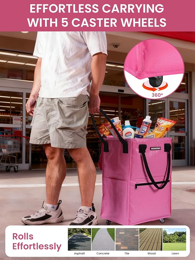 WORKPRO Large Rolling Grocery Bag, 36-Gallon Tote with 5 Wheels, 110 lbs Capacity, Dual Carry, Wide Zipper & Extra Storage for Shopping, Laundry & Moving