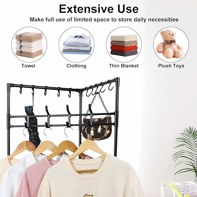 Corner Hall Tree, Freestanding Coat Rack with 3 Tier Shoes Rack Storage and 10 Movable Hooks, Corner Storage Organizer, Metal Entryway Coat Rack, Waterproof Corner Organizer Coat Rack for Home (Black)