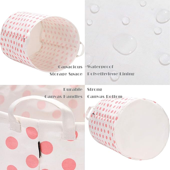 Sea Team 19.7 Inches Large Sized Waterproof Coating Ramie Cotton Fabric Folding Laundry Hamper Bucket Cylindric Burlap Canvas Storage Basket with Stylish Polka Dot Design (19.7", Pink)
