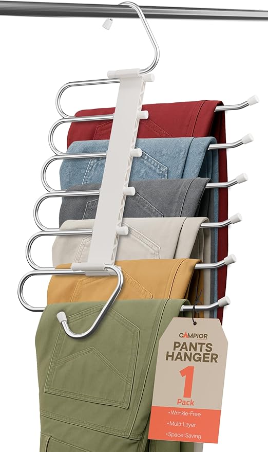 Space Saving Pants Hangers 1 Pack, 6 Layer Jeans Hangers and Closet Organizer for Jeans, Scarves, & Skirts, Multi-Layer Hanger with Anti-Slip Stopper, Heavy-Duty S-Type Stainless Steel, White