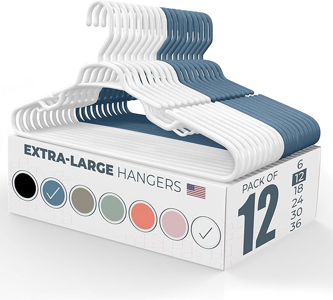 Neaties Large & Wide Heavy Duty Clothes Hangers 12 Pack – Made in USA – Ideal for Plus Size Clothing – 10lb Plastic Hangers with Notches for Oversized Adult Coats & Pants – White & Blue