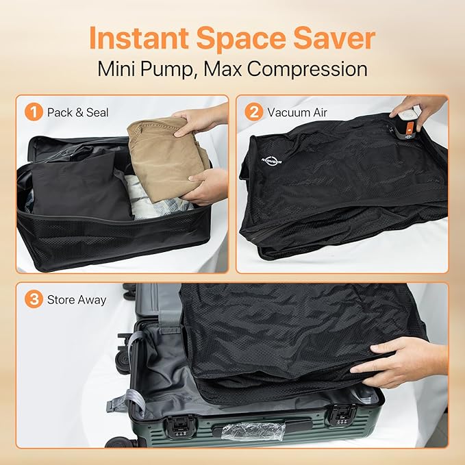 Vacuum Storage Bags with Wireless Pump 35L, 180° Open Zipper, IP68 Waterproof, Reusable Vacuum Bags for Travel, Fits 20/24/28in Suitcase, Backpack, Cloth Packing (2PC + Pump)