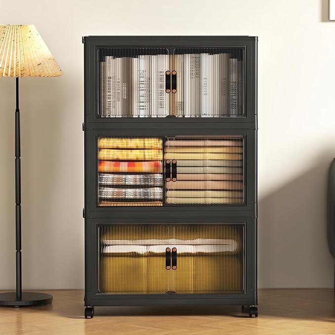 SAILUN 381Qt Extra Large Stackable Storage Bins Folding Collapsible Storage Bins with Lid, Closet Organizers and Storage Box with Door Black 28" W x 17" D x 46" H