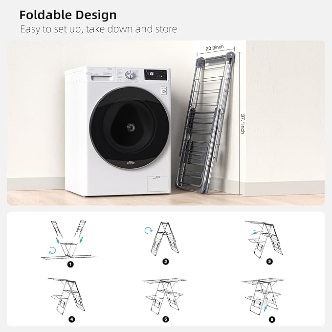 Clothes Drying Rack Foldable 2-Level Laundry Racks for Drying Clothes Rack,Stainless Steel Drying Rack Clothing Collapsible for Indoor Outdoor,with Height-Adjustable Wings (Gray- Medium)