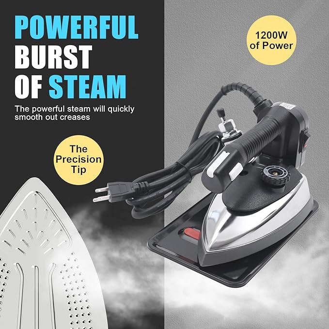 Industrial Professional Electric Steam Iron Lightweight Durable Aluminum Gravity-system Iron Large Capacity Portable 1200W High Performance 5 Temperature Settings for Clothing All Fabrics