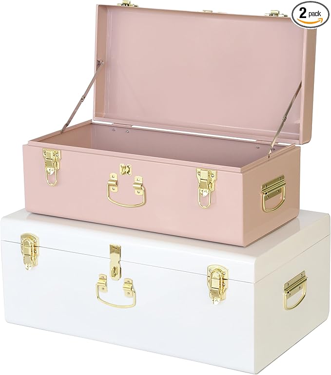 Vixdonos Metal Trunk Decorative Storage Box Set of 2 College Dorm Chest with Handle (Pink and White)