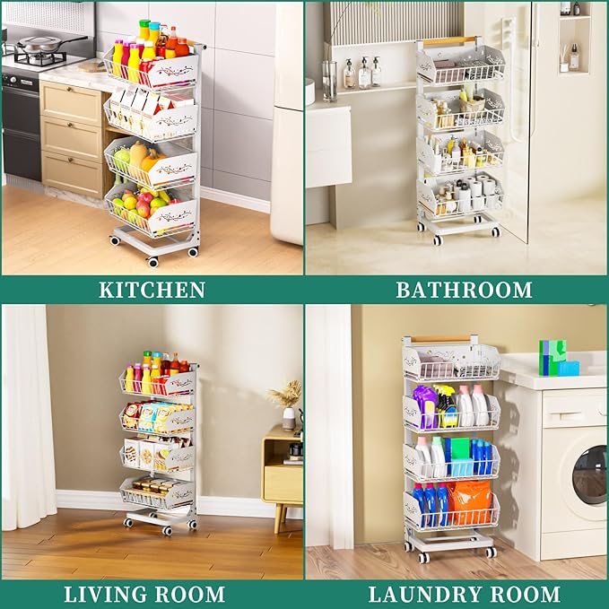 Heavy 4-Tier Snack Cart with Wheels ，Removable Rolling Pantry Floor Organizers ，Upgraded Wider and Thicker, Kitchen Fruit Basket Stand and Storage Rack for Fruit Snack Onion Potato