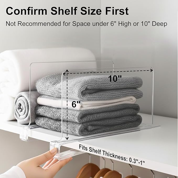 Shelf Dividers Purse Organizer for Closet: 6-inch Tall(Shorter Version) Acrylic Handbag Organizer - Small Space Separator for Clutches Evening Bags Pouches Mini-bags on Wood Shelves 10-Pack
