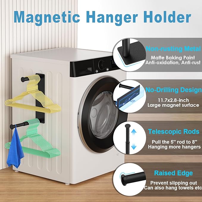 MFTEK Hanger Organizer Stacker, Magnetic Hanger Holder, Extendable Hangers Storage Rack for Washing Machine Closet Laundry Room Organization, Stand Rack for Adult Kids Velvet Hangers (Black)