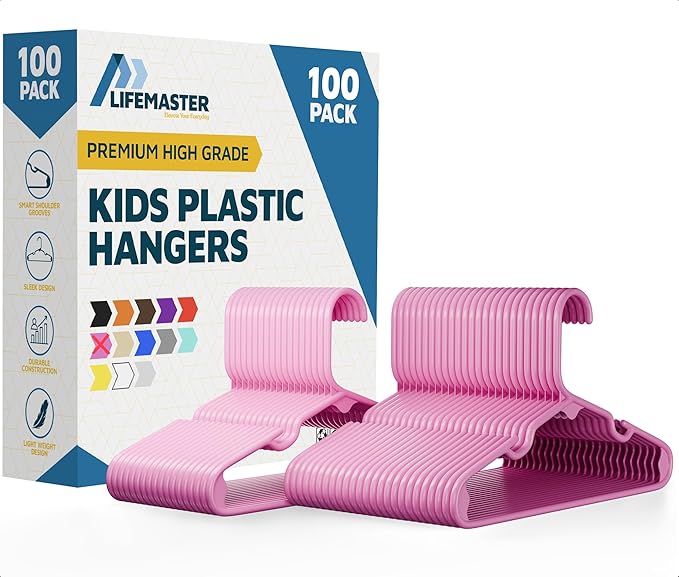 Lifemaster Plastic Kids Clothes Hangers – Children Clothes Hanger with Shoulder Notch, 11.6 Inch Space-Saving Closet Organizer for Baby, Toddler, and Kids Clothing, Hold Up To 5 lbs, Pack of 100, Pink
