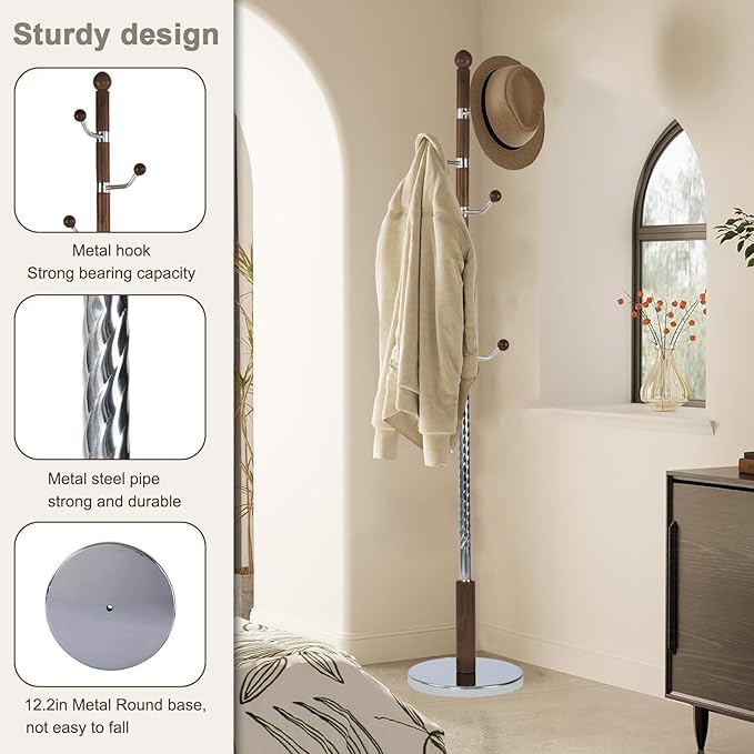 Wooden coat rack stand, Heavy duty coat racks tree freestanding with 6 Hooks and Sturdy Round Base, Coat tree for jacket,Hats, Bags, Purses, clothes (Round base-Walnut)