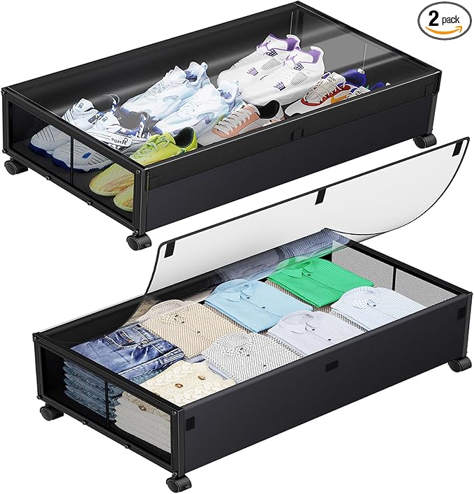 Simple Trending Under Bed Storage Containers with Wheels, XXL 77L Under Bed Shoe Organizer Drawer with Clear Lid, Rolling Storage Containers for Shoes, Clothes, Black