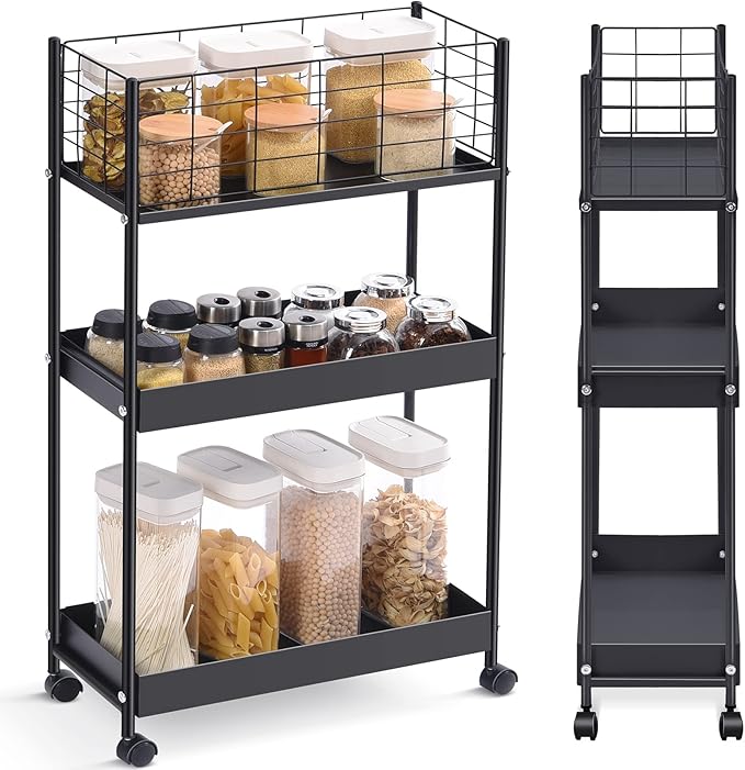 APEXCHASER Slim Storage Cart,3-Tier Metal Utility Rolling Cart with Wheels,Slide Out Storage Cart,Small Rolling Trolley Kitchen Cart,Black Cart for Bathroom Laundry Room Office Narrow Place,Black