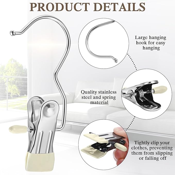 Yinder 150 Pcs Boot Hangers Clips Laundry Hooks Hanging Stainless Steel Clothes Pins Portable Clip Hangers for Closet Travel Socks Pants Handbags Hats Towels (Beige)