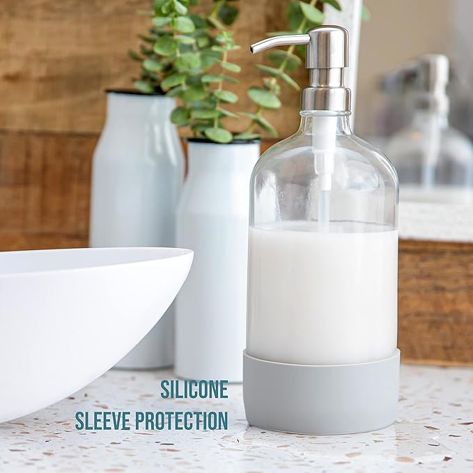 32 oz Glass Pump Bottle Rustproof Stainless Steel Pump, Funnel, and Lids. Modern Farmhouse Vintage Jar, Large Glass Shampoo Bottles with Pump and Laundry Soap Dispenser - Silver