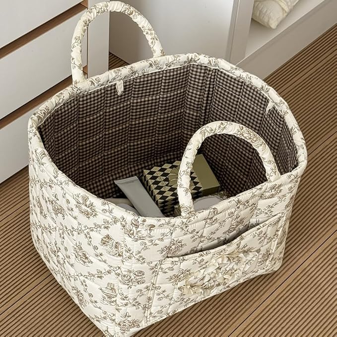 Quilted Fabric Basket Car Storage Basket Boho Floral Laundry Hamper for Nursery Bedroom & Living Room | Organize Clothes Toys