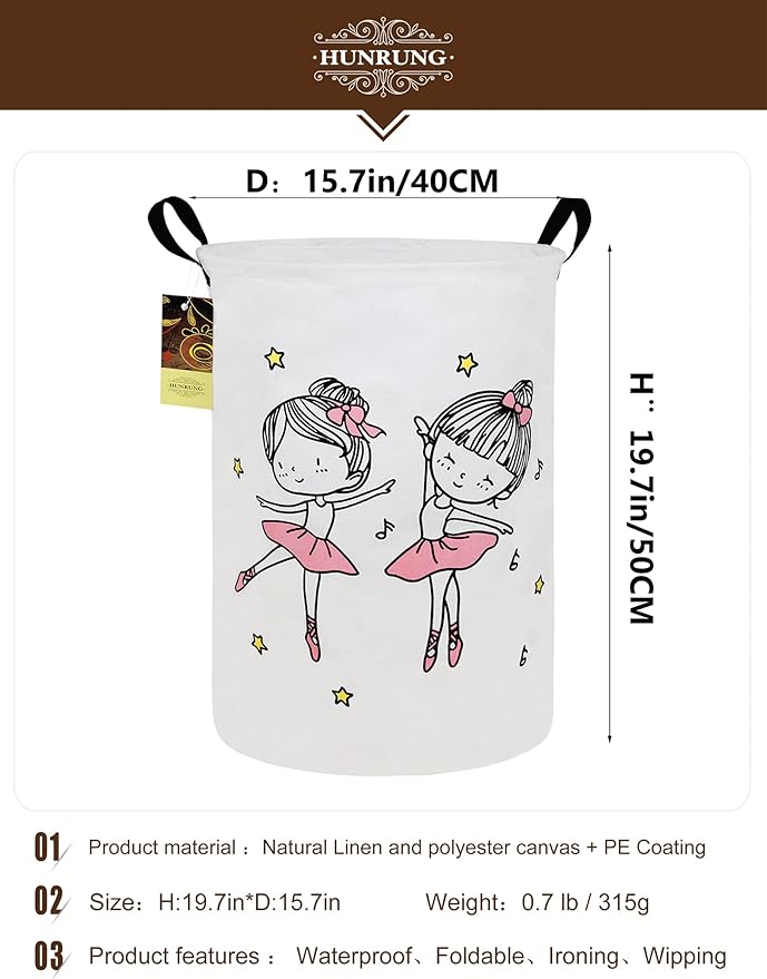 HUNRUNG Laundry Hamper,Large Canvas Fabric Lightweight Storage Basket Toy Organizer Dirty Clothes Collapsible Waterproof for College Dorms, Children Bedroom,Bathroom（Round-Dancing girl）